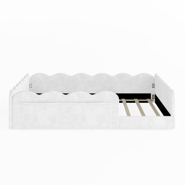 English Elm Full Size Kids Floor Bed Plush Upholstered Frame with Padded Wave Guardrails White SF000225AAK