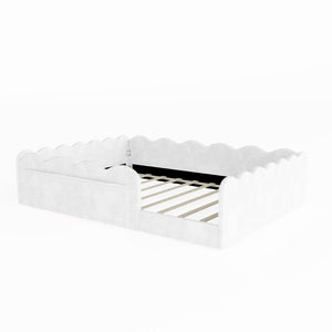 English Elm Full Size Kids Floor Bed Plush Upholstered Frame with Padded Wave Guardrails White SF000225AAK