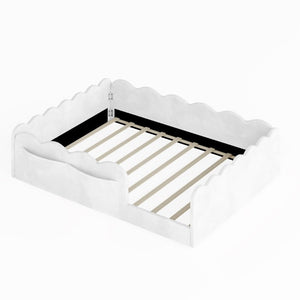 English Elm Full Size Kids Floor Bed Plush Upholstered Frame with Padded Wave Guardrails White SF000225AAK