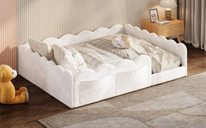 English Elm Full Size Kids Floor Bed Plush Upholstered Frame with Padded Wave Guardrails White SF000225AAK