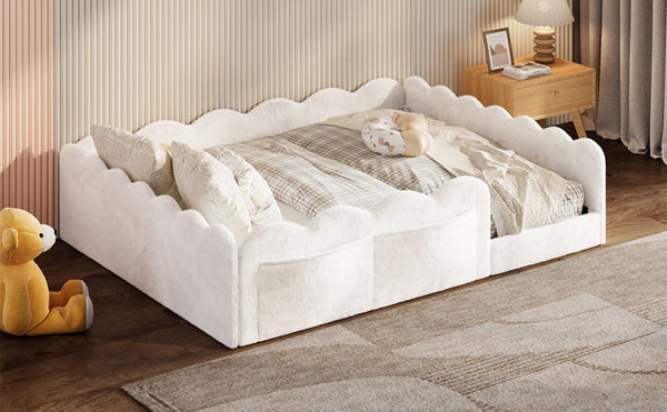 English Elm Full Size Kids Floor Bed Plush Upholstered Frame with Padded Wave Guardrails White SF000225AAK