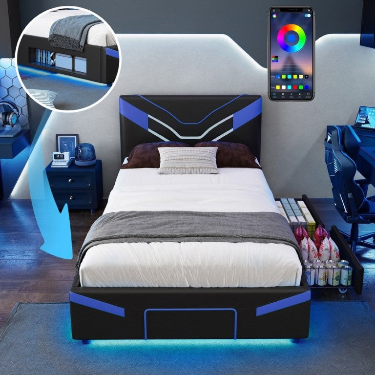English Elm Twin Gaming Platform Bed PU Leather Frame with LED Lighting and Under Storage Drawers Blue SF000226AAC