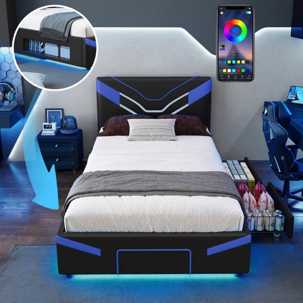 English Elm Twin Gaming Platform Bed PU Leather Frame with LED Lighting and Under Storage Drawers Blue SF000226AAC