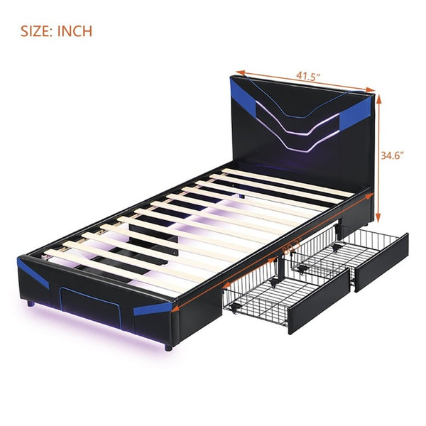 English Elm Twin Gaming Platform Bed PU Leather Frame with LED Lighting and Under Storage Drawers Blue SF000226AAC