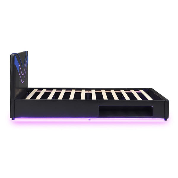 English Elm Twin Gaming Platform Bed PU Leather Frame with LED Lighting and Under Storage Drawers Blue SF000226AAC