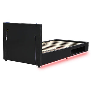 English Elm Twin Gaming Platform Bed PU Leather Frame with LED Lighting and Under Storage Drawers Blue SF000226AAC