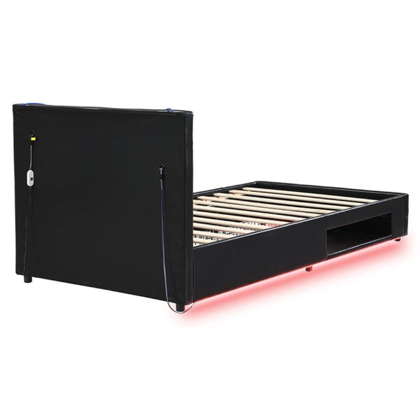 English Elm Twin Gaming Platform Bed PU Leather Frame with LED Lighting and Under Storage Drawers Blue SF000226AAC