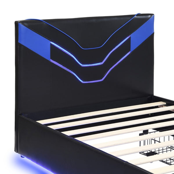 English Elm Twin Gaming Platform Bed PU Leather Frame with LED Lighting and Under Storage Drawers Blue SF000226AAC