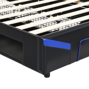 English Elm Twin Gaming Platform Bed PU Leather Frame with LED Lighting and Under Storage Drawers Blue SF000226AAC