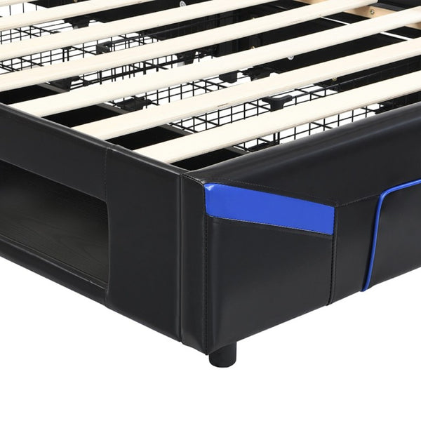 English Elm Twin Gaming Platform Bed PU Leather Frame with LED Lighting and Under Storage Drawers Blue SF000226AAC