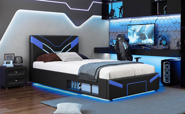 English Elm Twin Gaming Platform Bed PU Leather Frame with LED Lighting and Under Storage Drawers Blue SF000226AAC