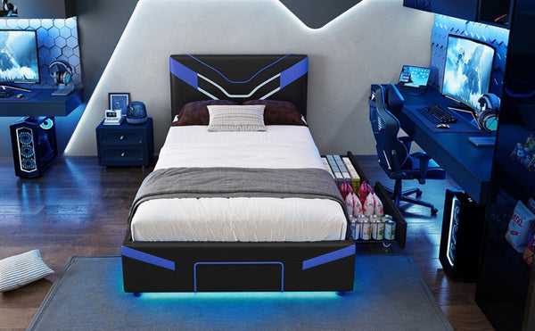 English Elm Twin Gaming Platform Bed PU Leather Frame with LED Lighting and Under Storage Drawers Blue SF000226AAC