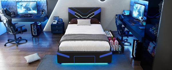 English Elm Twin Gaming Platform Bed PU Leather Frame with LED Lighting and Under Storage Drawers Blue SF000226AAC