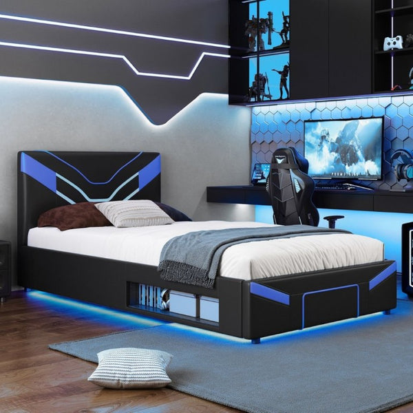 English Elm Twin Gaming Platform Bed PU Leather Frame with LED Lighting and Under Storage Drawers Blue SF000226AAC