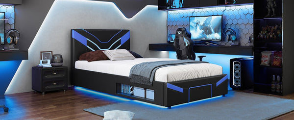 English Elm Twin Gaming Platform Bed PU Leather Frame with LED Lighting and Under Storage Drawers Blue SF000226AAC