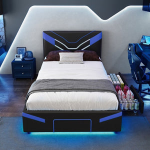 English Elm Twin Gaming Platform Bed PU Leather Frame with LED Lighting and Under Storage Drawers Blue SF000226AAC