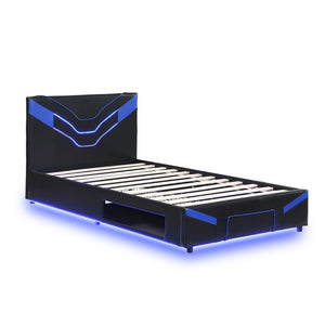 English Elm Twin Gaming Platform Bed PU Leather Frame with LED Lighting and Under Storage Drawers Blue SF000226AAC