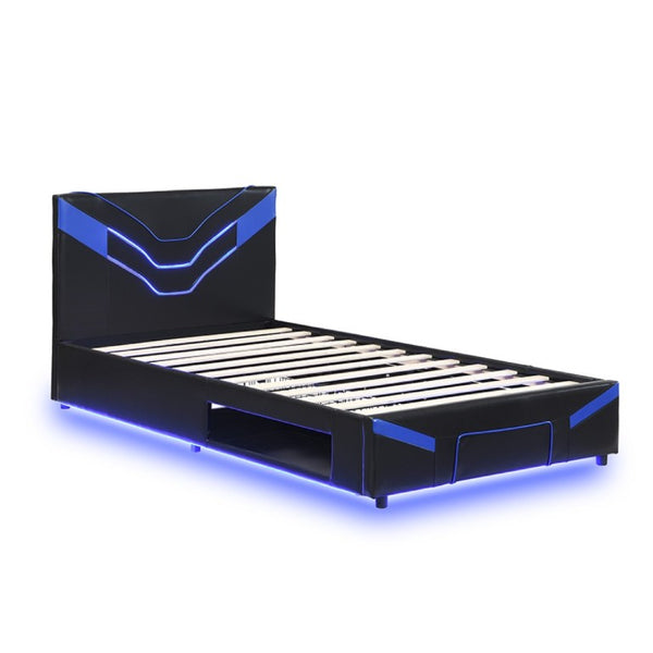 English Elm Twin Gaming Platform Bed PU Leather Frame with LED Lighting and Under Storage Drawers Blue SF000226AAC