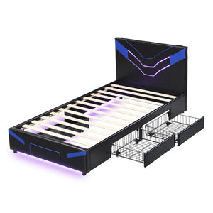 English Elm Twin Gaming Platform Bed PU Leather Frame with LED Lighting and Under Storage Drawers Blue SF000226AAC