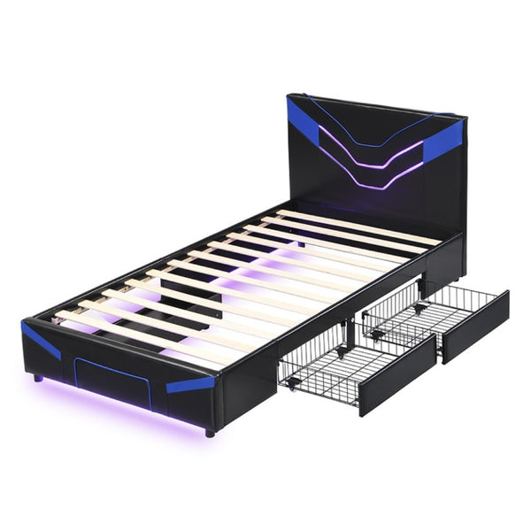 English Elm Twin Gaming Platform Bed PU Leather Frame with LED Lighting and Under Storage Drawers Blue SF000226AAC