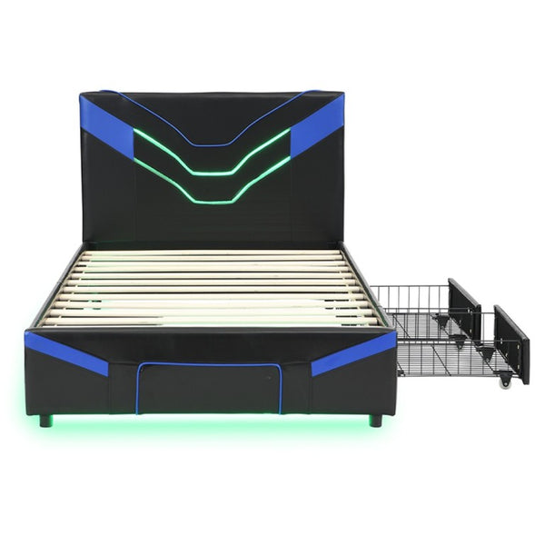 English Elm Twin Gaming Platform Bed PU Leather Frame with LED Lighting and Under Storage Drawers Blue SF000226AAC