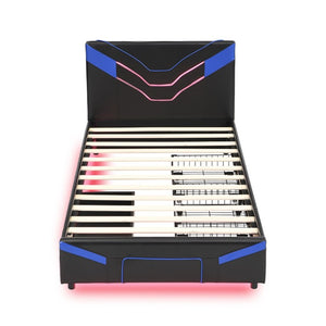 English Elm Twin Gaming Platform Bed PU Leather Frame with LED Lighting and Under Storage Drawers Blue SF000226AAC