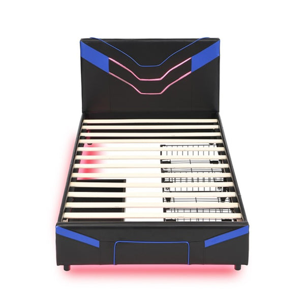 English Elm Twin Gaming Platform Bed PU Leather Frame with LED Lighting and Under Storage Drawers Blue SF000226AAC