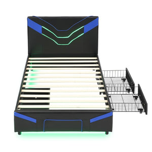 English Elm Twin Gaming Platform Bed PU Leather Frame with LED Lighting and Under Storage Drawers Blue SF000226AAC