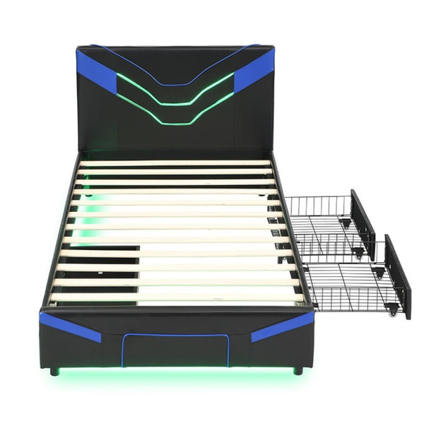 English Elm Twin Gaming Platform Bed PU Leather Frame with LED Lighting and Under Storage Drawers Blue SF000226AAC