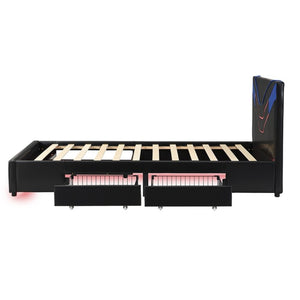 English Elm Twin Gaming Platform Bed PU Leather Frame with LED Lighting and Under Storage Drawers Blue SF000226AAC
