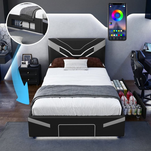 English Elm Twin Gaming Platform Bed PU Leather Frame with LED Lighting and Under Storage Drawers Gray SF000226AAE