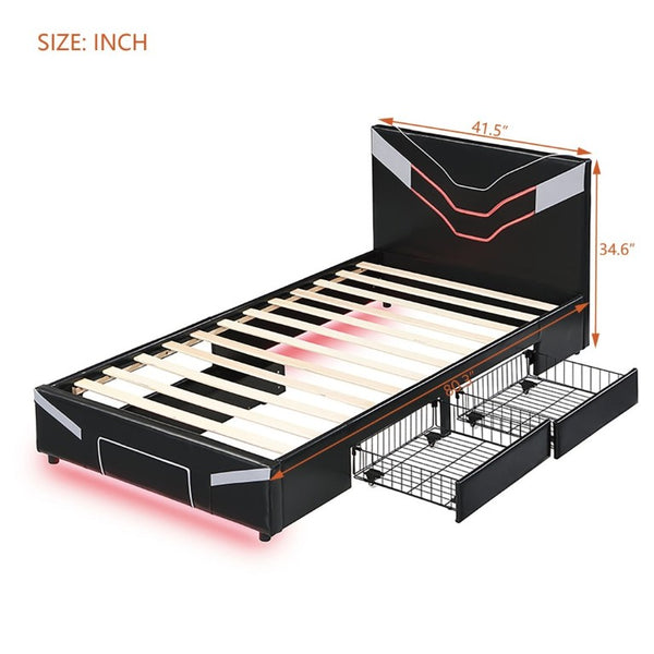 English Elm Twin Gaming Platform Bed PU Leather Frame with LED Lighting and Under Storage Drawers Gray SF000226AAE