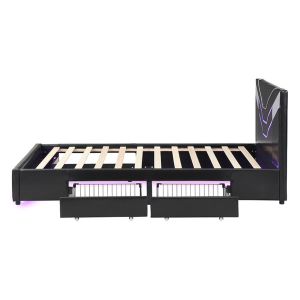 English Elm Twin Gaming Platform Bed PU Leather Frame with LED Lighting and Under Storage Drawers Gray SF000226AAE