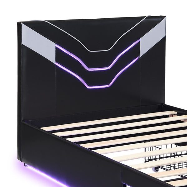 English Elm Twin Gaming Platform Bed PU Leather Frame with LED Lighting and Under Storage Drawers Gray SF000226AAE