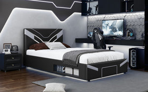 English Elm Twin Gaming Platform Bed PU Leather Frame with LED Lighting and Under Storage Drawers Gray SF000226AAE