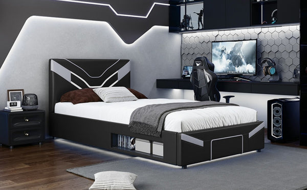 English Elm Twin Gaming Platform Bed PU Leather Frame with LED Lighting and Under Storage Drawers Gray SF000226AAE