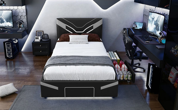 English Elm Twin Gaming Platform Bed PU Leather Frame with LED Lighting and Under Storage Drawers Gray SF000226AAE