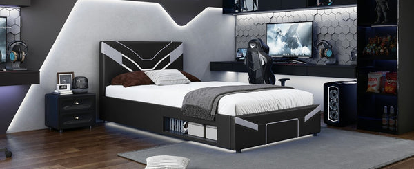 English Elm Twin Gaming Platform Bed PU Leather Frame with LED Lighting and Under Storage Drawers Gray SF000226AAE
