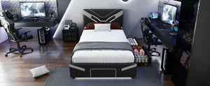 English Elm Twin Gaming Platform Bed PU Leather Frame with LED Lighting and Under Storage Drawers Gray SF000226AAE