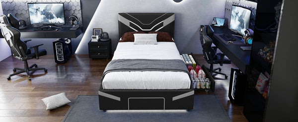 English Elm Twin Gaming Platform Bed PU Leather Frame with LED Lighting and Under Storage Drawers Gray SF000226AAE