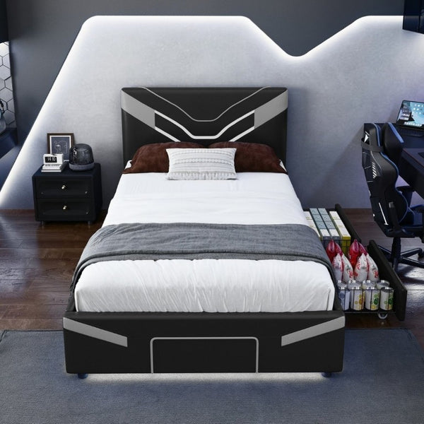English Elm Twin Gaming Platform Bed PU Leather Frame with LED Lighting and Under Storage Drawers Gray SF000226AAE