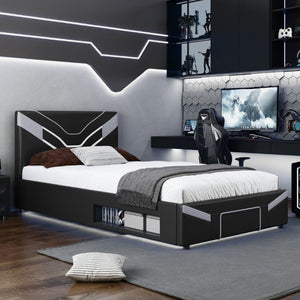 English Elm Twin Gaming Platform Bed PU Leather Frame with LED Lighting and Under Storage Drawers Gray SF000226AAE