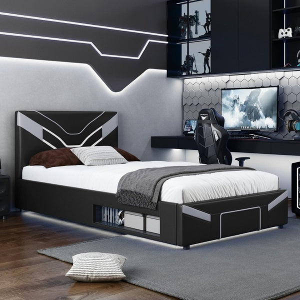 English Elm Twin Gaming Platform Bed PU Leather Frame with LED Lighting and Under Storage Drawers Gray SF000226AAE