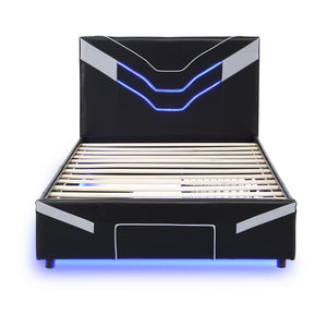 English Elm Twin Gaming Platform Bed PU Leather Frame with LED Lighting and Under Storage Drawers Gray SF000226AAE