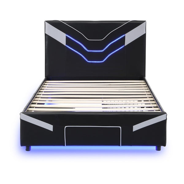 English Elm Twin Gaming Platform Bed PU Leather Frame with LED Lighting and Under Storage Drawers Gray SF000226AAE