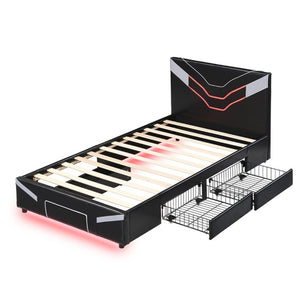 English Elm Twin Gaming Platform Bed PU Leather Frame with LED Lighting and Under Storage Drawers Gray SF000226AAE