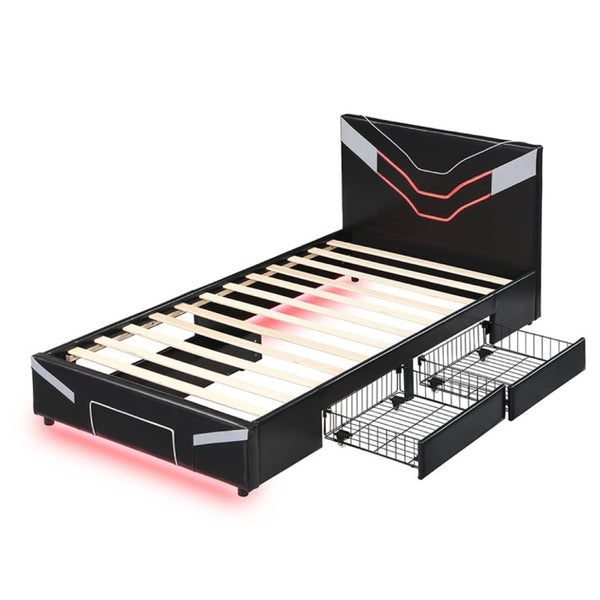 English Elm Twin Gaming Platform Bed PU Leather Frame with LED Lighting and Under Storage Drawers Gray SF000226AAE