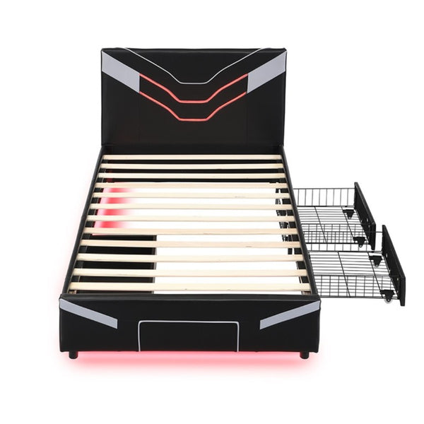 English Elm Twin Gaming Platform Bed PU Leather Frame with LED Lighting and Under Storage Drawers Gray SF000226AAE