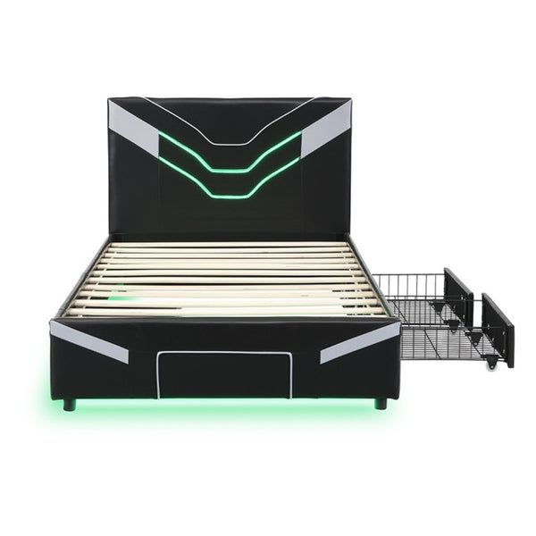English Elm Twin Gaming Platform Bed PU Leather Frame with LED Lighting and Under Storage Drawers Gray SF000226AAE