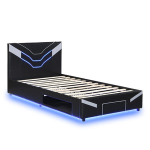 English Elm Twin Gaming Platform Bed PU Leather Frame with LED Lighting and Under Storage Drawers Gray SF000226AAE